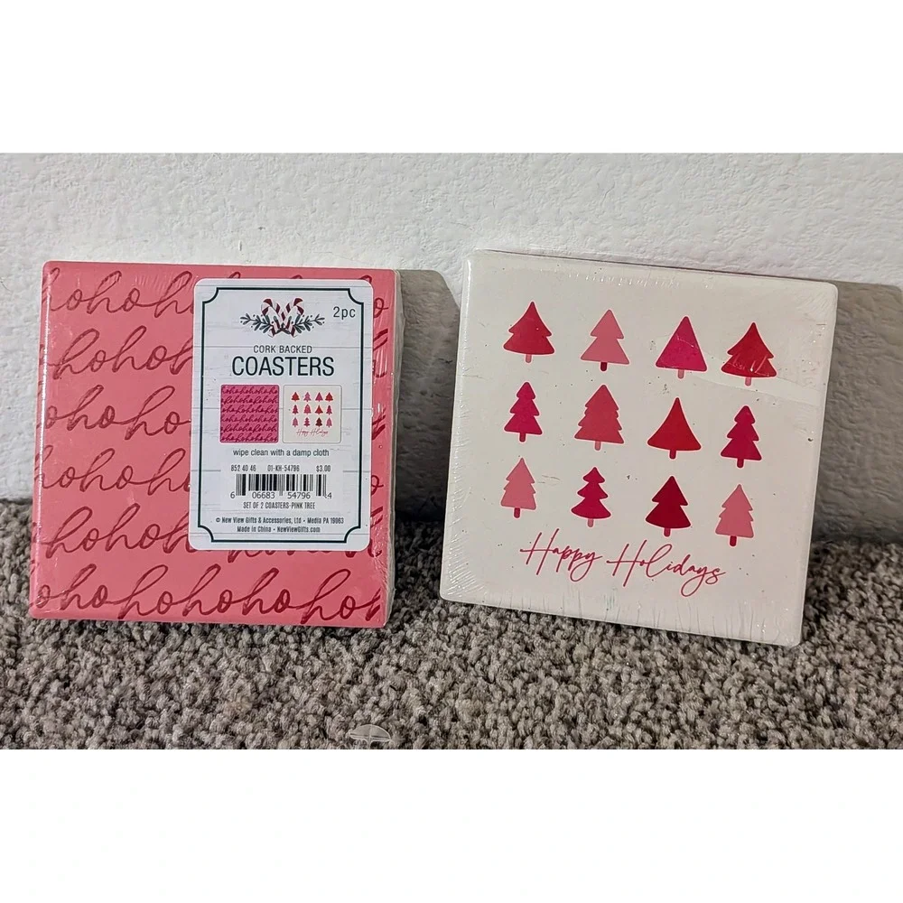 Set of 2- 2pc Cork Backed Coasters Happy Holidays Christmas Trees Pink Red White